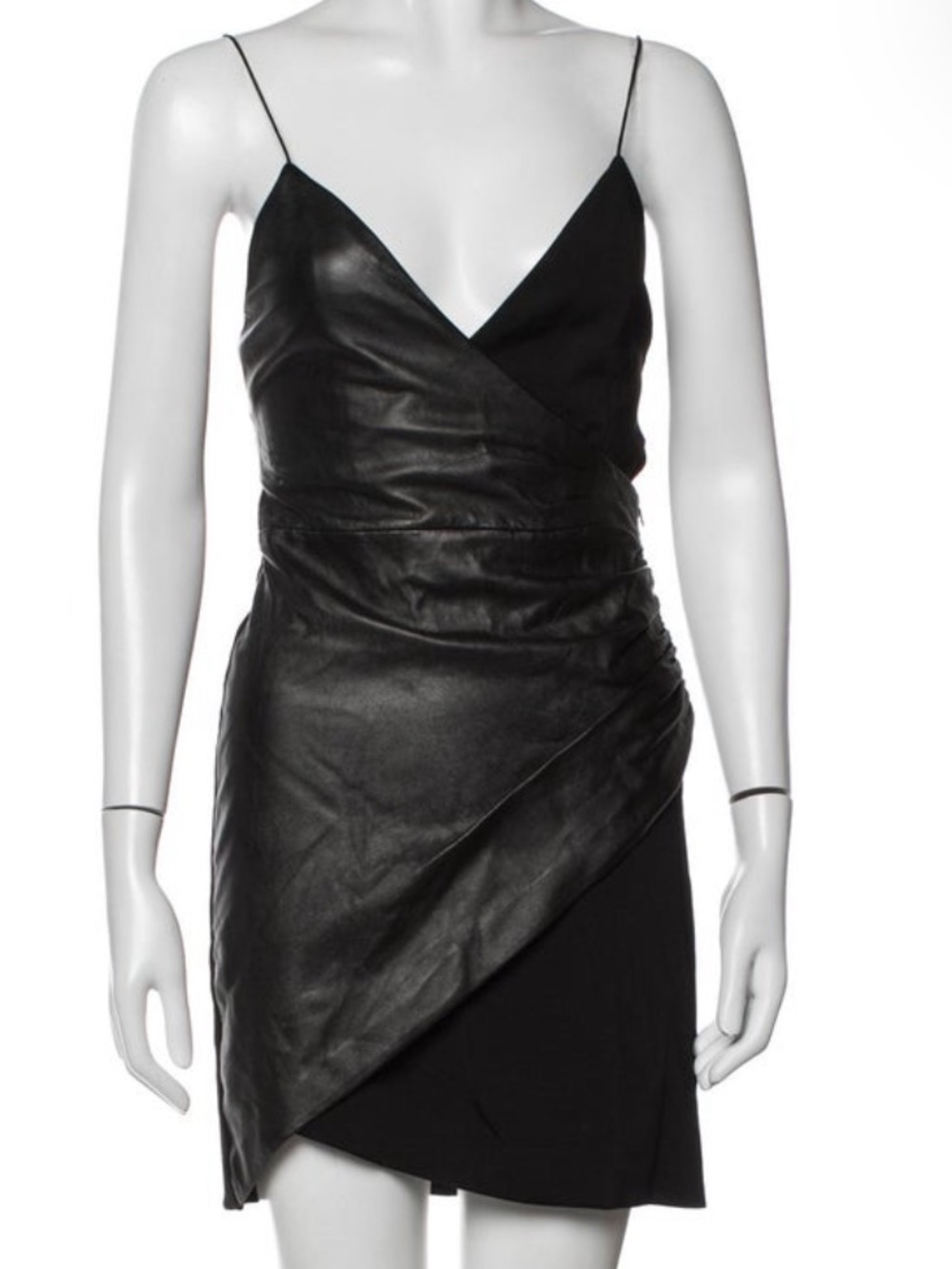 Alice + Olivia Black V-Neck Mini Dress with Leather Overlay